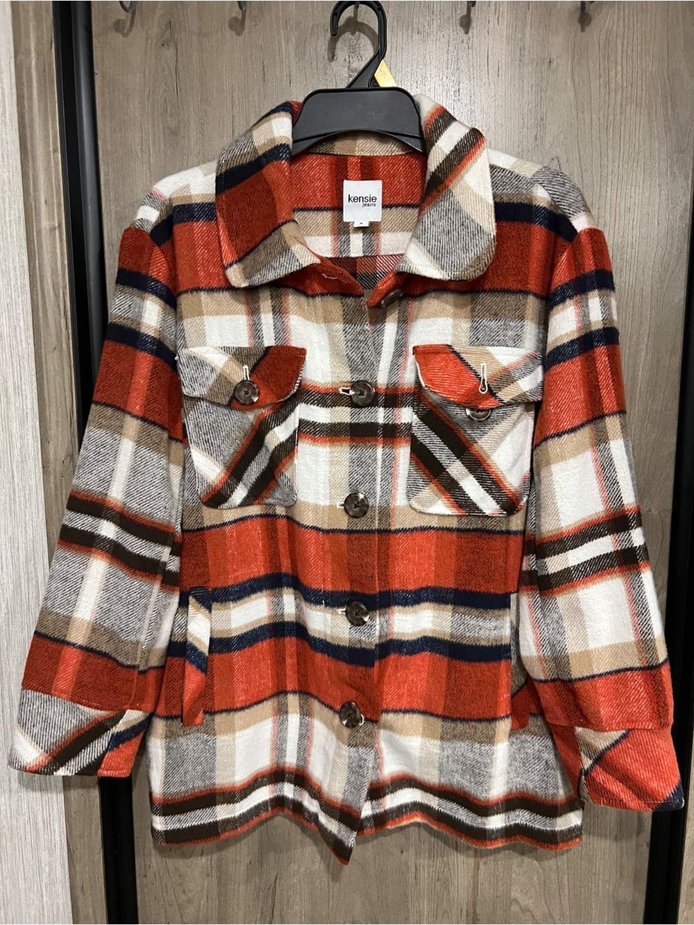 Kensie Orange Plaid Button-Front Utility Shacket